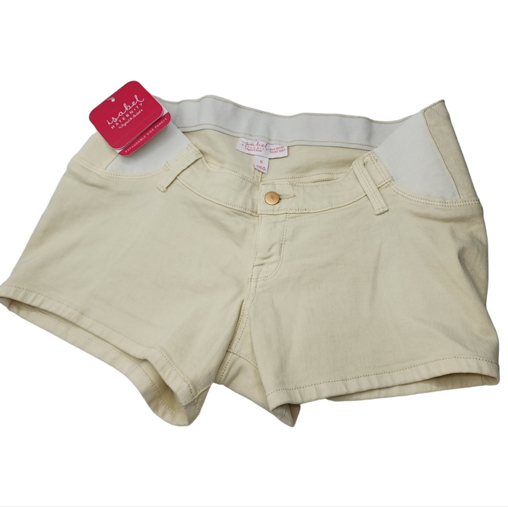 Isabel Maternity Side Panel Midi Denim Shorts Ivory‎ Size 6
